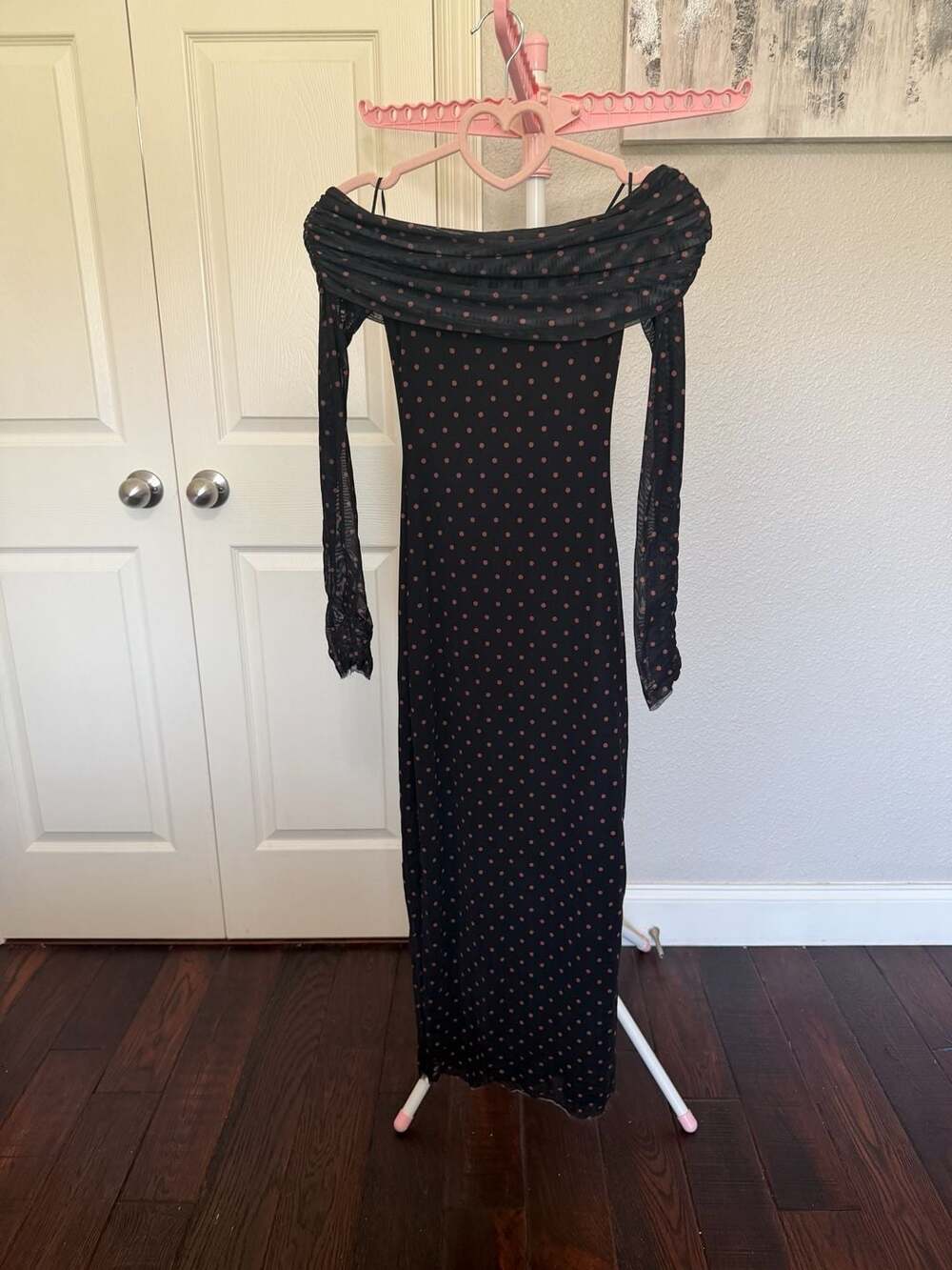 AFRM Black and Brown Polka Dot Mesh Bardot Long Sleeve Midi Dress